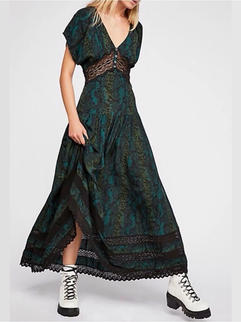 Free People Snakeskin Drop Waist V-Neck Maxi Dress
